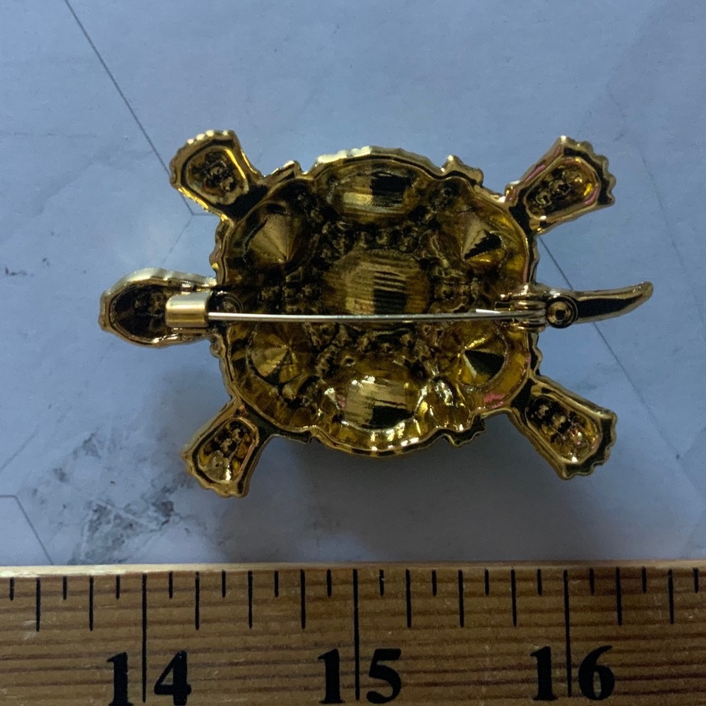 Vintage Style Blue Crystal Rhinestone Turtle Brooch Pin Gold Tone Tortoise 2" - Picture 5 of 5